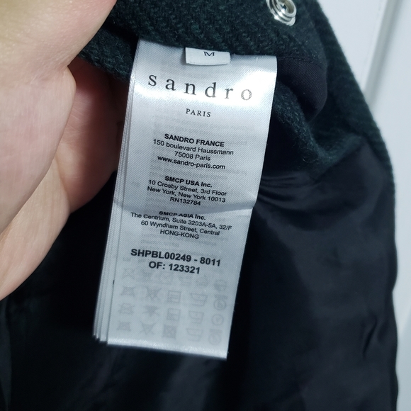 SANDRO Shearling Trim Collar Green Herringbone Wool Aviator Jacket - Picture 10 of 16